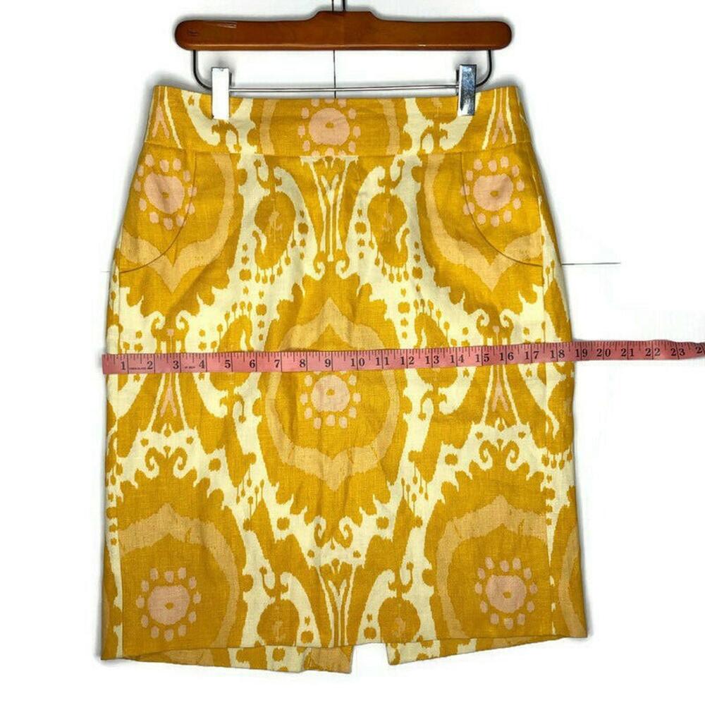 J Crew Patterned Pencil Skirt Yellow 100% Linen Pockets Kick Pleat Knee Length 2 - Picture 7 of 8